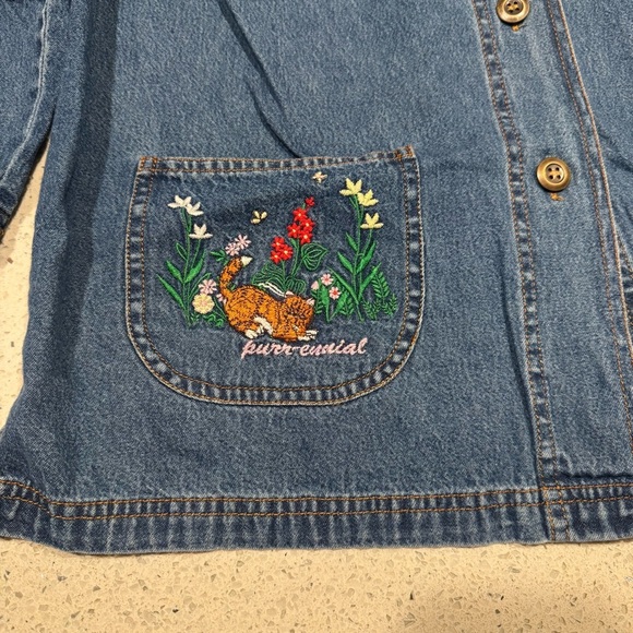 Vintage Cat Embroidered Denim Shacket with Pockets | Large - Picture 2 of 6